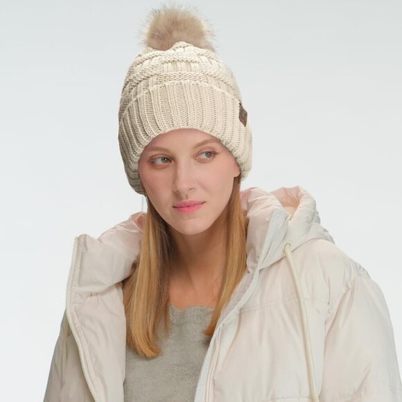 ?Beanie for Women Fuzzy Fleece Lined Knitted Stretch Pom Hat